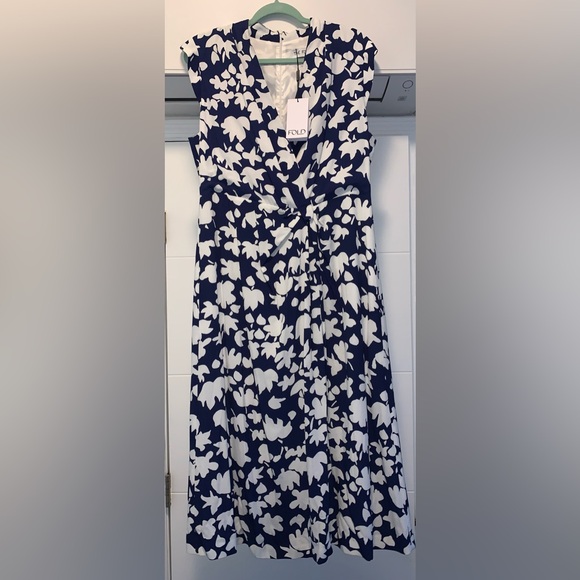 The Fold London Livorno Midi Dress French Navy Blue Ivory Floral Dress 12 NEW - Picture 3 of 7